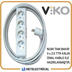 Viko Multi-Let 4'lü 3x2.5 12 m Öznur Kablo Tam Bakır Topraklı Çocuk Korumalı Uzatma Grup Priz