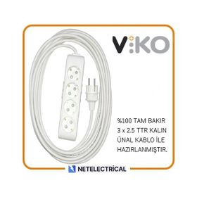 Viko Multi-Let 4'lü 3x2.5 20 m Öznur Kablo Tam Bakır Topraklı Çocuk Korumalı Uzatma Grup Priz