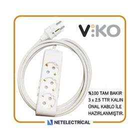 Viko Multi-Let 4'lü 3x2.5 7 m Öznur Kablo Tam Bakır Topraklı Çocuk Korumalı Uzatma Grup Priz