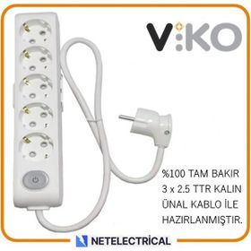 Viko Multi-Let 5'li 3x2.5 7 m Öznur Kablo Tam Bakır Anahtarlı Topraklı Çocuk Korumalı Uzatma Grup Priz