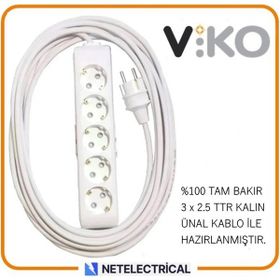Viko Multi-Let 5'li 3x2.5 8 m Öznur Kablo Tam Bakır Topraklı Çocuk Korumalı Uzatma Grup Priz