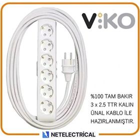 Viko Multi-Let 6'lı 3x2.5 12 m Öznur Kablo Tam Bakır Topraklı Çocuk Korumalı Uzatma Grup Priz