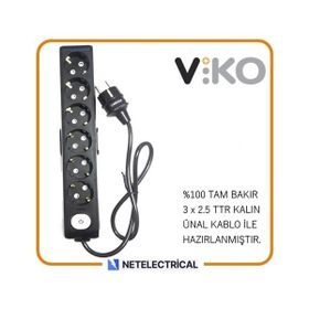 Viko Multi-Let 6'lı 3x2.5 7 m Öznur Kablo Tam Bakır Anahtarlı Topraklı Çocuk Korumalı Uzatma Grup Priz