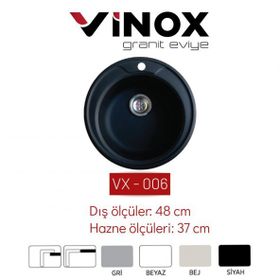 Vinox 48 cm VX006 Siyah Yuvarlak Granit Eviye
