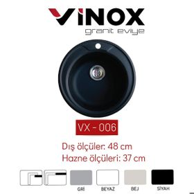 Vinox 48 cm VX006 Siyah Yuvarlak Granit Eviye