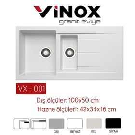 Vinox 50x100 cm VX-001 Beyaz 1,5 Göz Granit Eviye