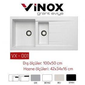 Vinox 50x100 cm VX-001 Beyaz 1,5 Göz Granit Eviye
