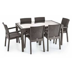 Violet Rattan 80x140 cm 6'lı Camlı Kahve Bahçe Mutfak Masa Takımı