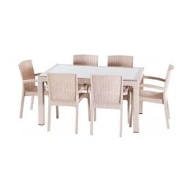 Violet Rattan 80x140 cm 6'lı Camlı Kahve Bahçe Mutfak Masa Takımı