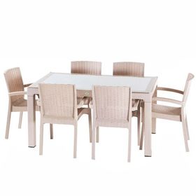 Violet Rattan 80x140 cm 6'lı Camlı Kahve Bahçe Mutfak Masa Takımı