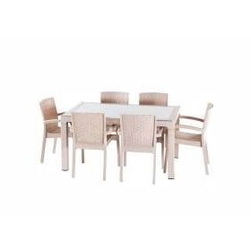 Violet Rattan 80x140 cm 6'lı Camlı Kahve Bahçe Mutfak Masa Takımı