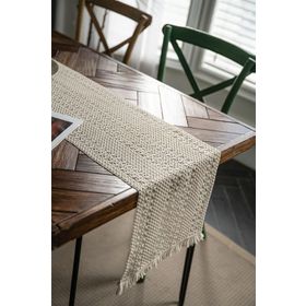 Vivamaison 37x150 cm Krem Ham Pamuk Örme Dantel Püsküllü Masa Örtüsü Runner