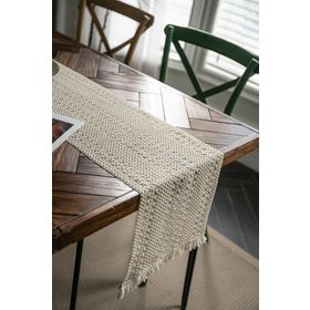 Vivamaison 37x150 cm Krem Ham Pamuk Örme Dantel Püsküllü Masa Örtüsü Runner