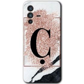 Vivo V23 5G Pembe Mermer Desenli Ç Harfi Baskılı Uyumlu Silikon Kılıf