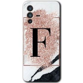 Vivo V23 5G Pembe Mermer Desenli F Harfi Baskılı Uyumlu Silikon Kılıf