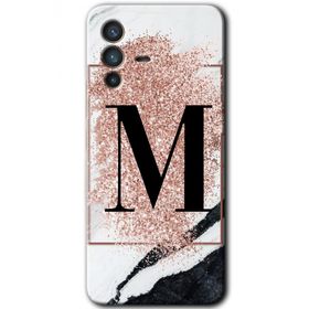 Vivo V23 5G Pembe Mermer Desenli M Harfi Baskılı Uyumlu Silikon Kılıf