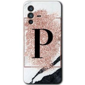 Vivo V23 5G Pembe Mermer Desenli P Harfi Baskılı Uyumlu Silikon Kılıf