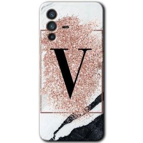 Vivo V23 5G Pembe Mermer Desenli V Harfi Baskılı Uyumlu Silikon Kılıf