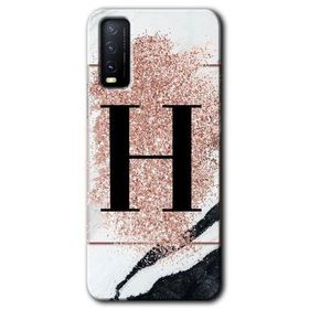 Vivo Y20 Pembe Mermer Desenli H Harfi Baskılı Uyumlu Silikon Kılıf