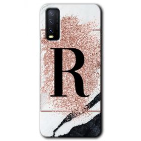Vivo Y20 Pembe Mermer Desenli R Harfi Baskılı Uyumlu Silikon Kılıf