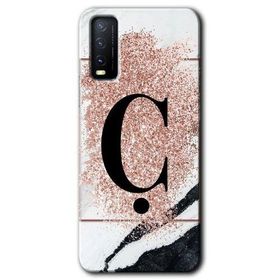 Vivo Y20S Pembe Mermer Desenli Ç Harfi Baskılı Uyumlu Silikon Kılıf