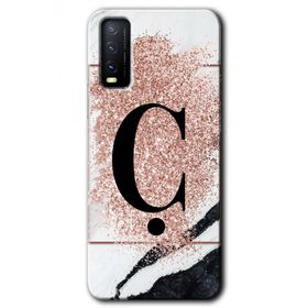 Vivo Y20S Pembe Mermer Desenli Ç Harfi Baskılı Uyumlu Silikon Kılıf