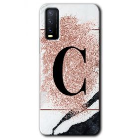 Vivo Y20S Pembe Mermer Desenli Ç Harfi Baskılı Uyumlu Silikon Kılıf