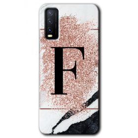 Vivo Y20S Pembe Mermer Desenli F Harfi Baskılı Uyumlu Silikon Kılıf
