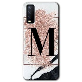 Vivo Y20S Pembe Mermer Desenli M Harfi Baskılı Uyumlu Silikon Kılıf