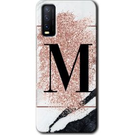Vivo Y20S Pembe Mermer Desenli M Harfi Baskılı Uyumlu Silikon Kılıf