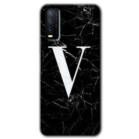 Vivo Y20S Siyah Mermer Desenli V Harfi Baskılı Uyumlu Silikon Kılıf