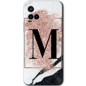 Vivo Y21 Pembe Mermer Desenli M Harfi Baskılı Uyumlu Silikon Kılıf