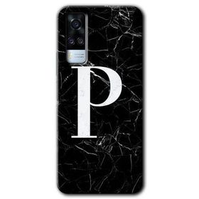 Vivo Y31 2021 Siyah Mermer Desenli P Harfi Baskılı Uyumlu Silikon Kılıf