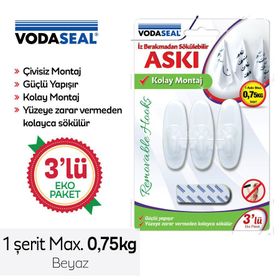 Vodaseal İz Bırakmadan 3'lü Beyaz Sökülebilir Askı