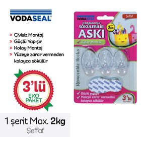 Vodaseal İz Bırakmadan Sökülebilir 3'lü Şeffaf Askı