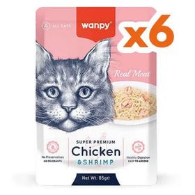 Wanpy 6x85 gr Super Premium Pouch Tavuklu ve Karidesli Yaş Kedi Maması