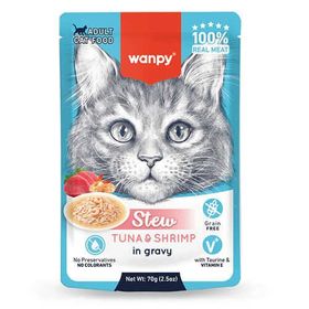 Wanpy Stew Sos İçinde Ton Balıklı ve Karidesli 70 gr Yetişkin Kedi Konservesi
