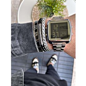 WATCHOFROYAL 3ATM Çelik Kordonlu Kare Kasa ve Hardlex Mineral Cam Silver Dijital Led Kol Saati