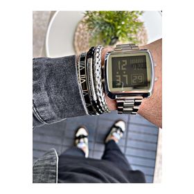 WATCHOFROYAL 3ATM Çelik Kordonlu Kare Kasa ve Hardlex Mineral Cam Silver Dijital Led Kol Saati