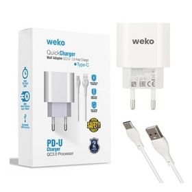 Weko WK-21442 PDU QC 3.0 Amper Telefon Şarj Başlık Adaptörü + Type-C Kablo