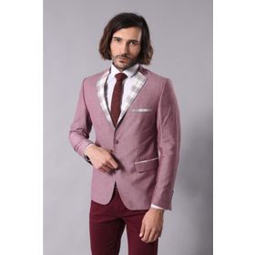 Wessi C-58950-26-80 Yaka Ve Cep Ekose Garnili Bordo Ceket