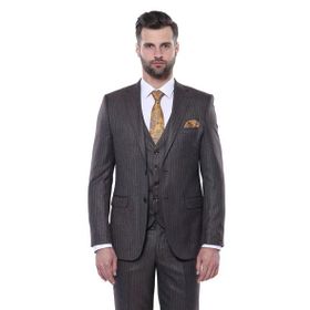 Wessi Çizgili Slim Fit Kahverengi Yelekli Takım Elbise