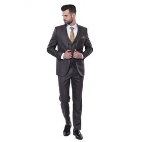 Wessi Çizgili Slim Fit Kahverengi Yelekli Takım Elbise