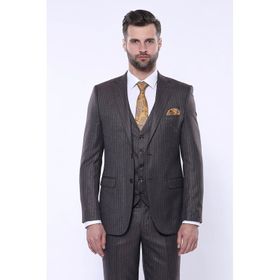 Wessi Çizgili Slim Fit Kahverengi Yelekli Takım Elbise