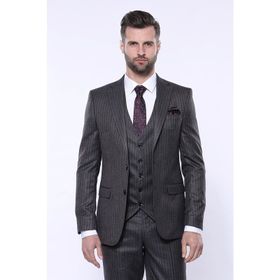 Wessi Çizgili Slim Fit Siyah Yelekli Takım Elbise
