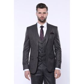 Wessi Çizgili Slim Fit Siyah Yelekli Takım Elbise