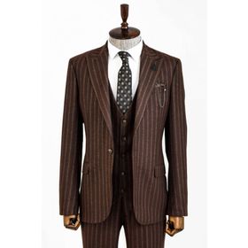 Wessi Çizgili Yelekli Kahverengi Slim Fit Erkek Takım Elbise