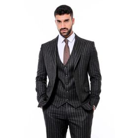 Wessi Çizgili Yelekli Siyah Slim Fit Erkek Takım Elbise