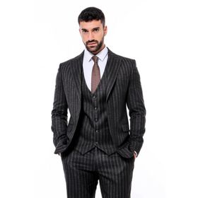 Wessi Çizgili Yelekli Siyah Slim Fit Erkek Takım Elbise