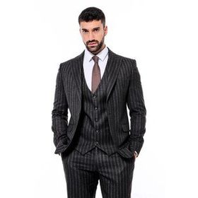 Wessi Çizgili Yelekli Siyah Slim Fit Erkek Takım Elbise